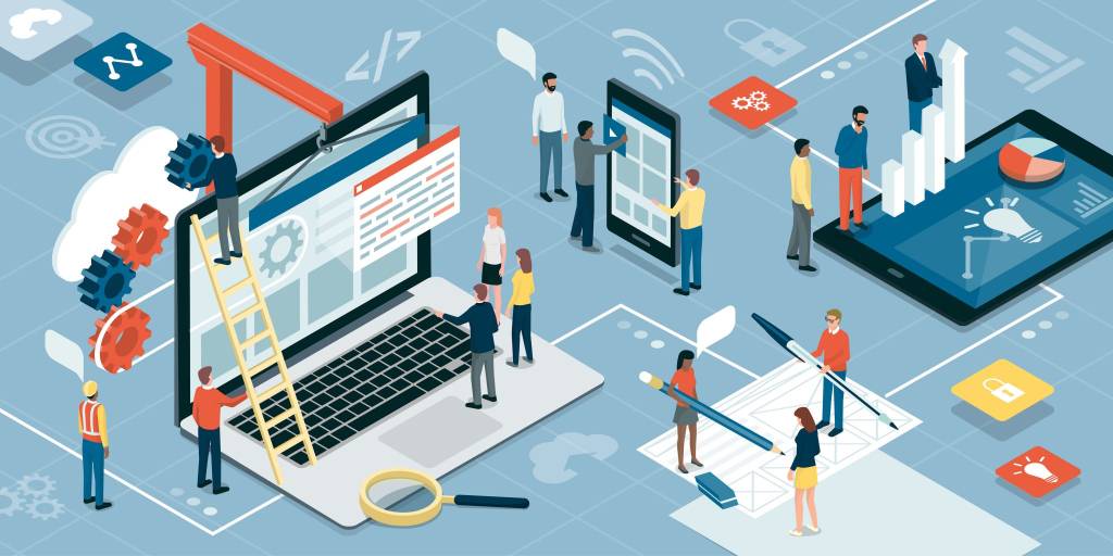 Illustration of people working on digital devices, including a laptop, tablet, and smartphone, with gears, graphs, and charts.
