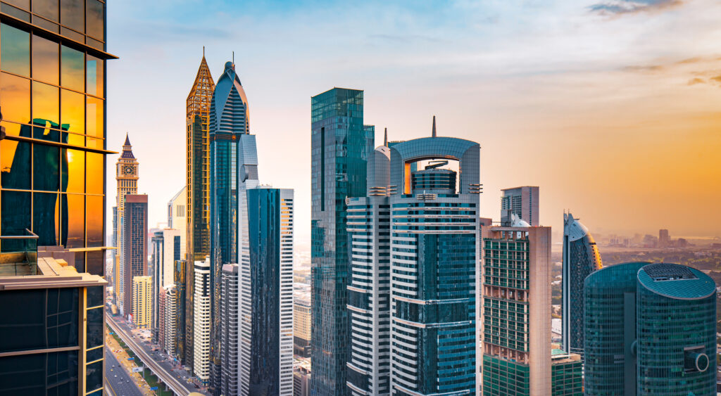 Amazing Sunrise View On Dubai City Center Skyscrapers United Arab