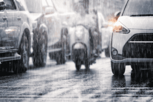 Traffic in a city during a heavy rainstorm.