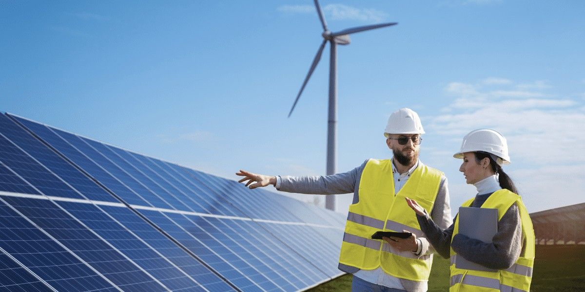 Blog 35 Two engineers in hard hats check a solar panel for any issues.