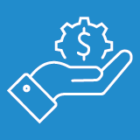 RoboMQ Homepage - Hire2Retire 220 An icon of a hand holding a gear with a dollar sign.