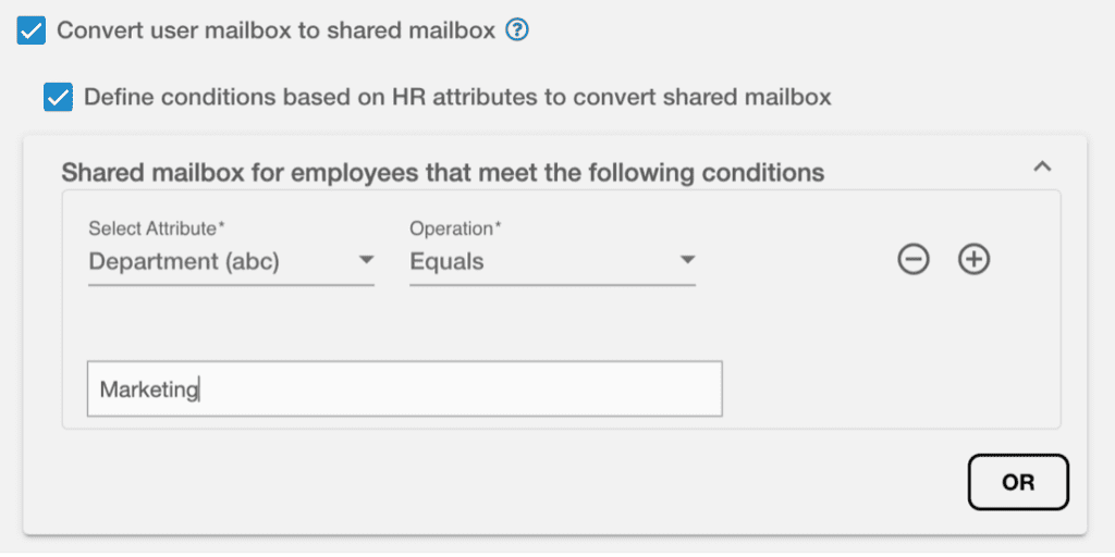 A setup in Hire2Retire for conditional shared mailboxes.