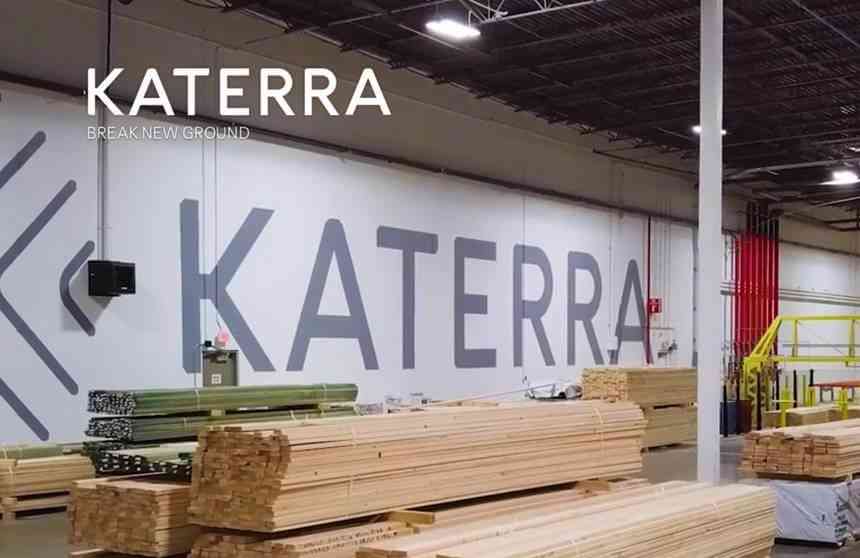 Text graphic showcasing "Katerra" with modern architectural interior featuring wood accents.