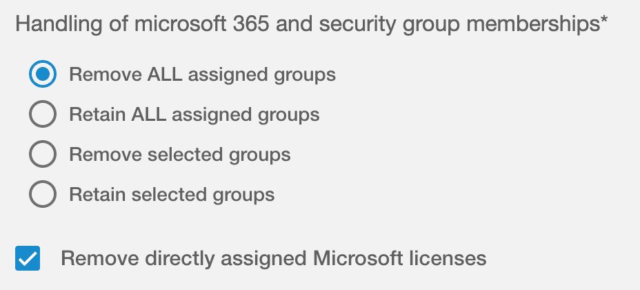 Options in Hire2Retire to handle Microsoft 365 & security group memberships.
