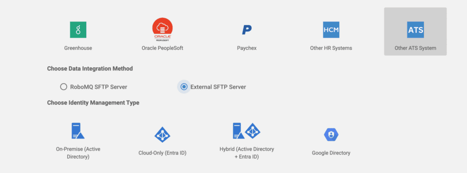 A section of a Hire2Retire workflow showing different ATS integration options.