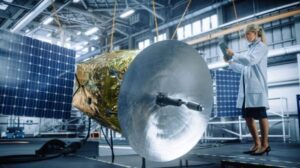 A female scientist takes notes on a clipboard while standing next to a space probe.