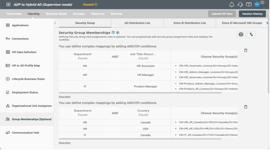 A Hire2Retire workflow showcasing the group memberships section.