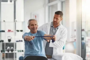 Physiotherapist stretching band and senior patient for consulting medical care