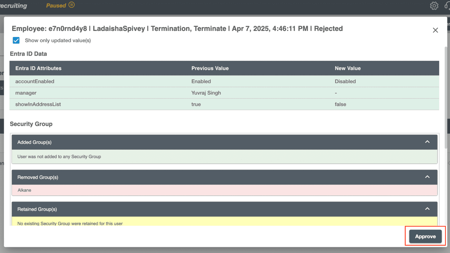 A window in a Hire2Retire workflow showing a rejected lifecycle event. In Hire2Retire Phase 8.3, you can now approve rejected events.