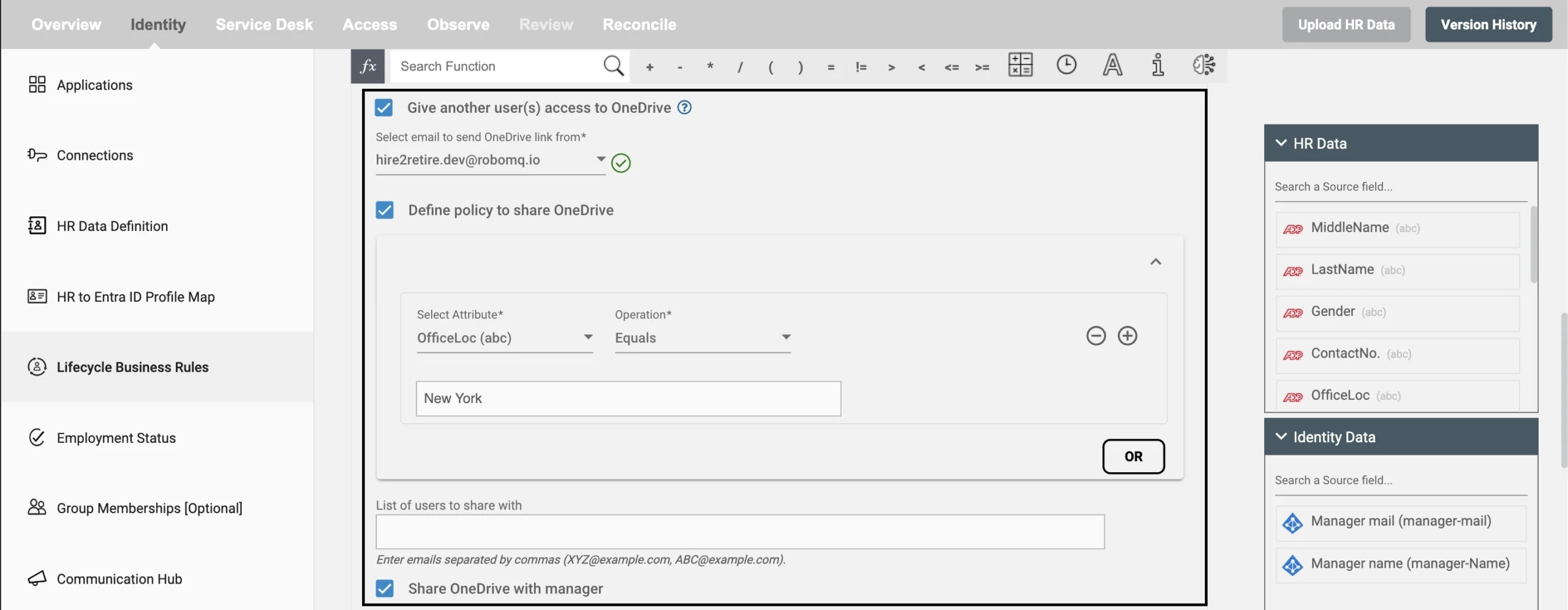 A Hire2Retire workflow showing shared OneDrive enabled as part of the leave management system.