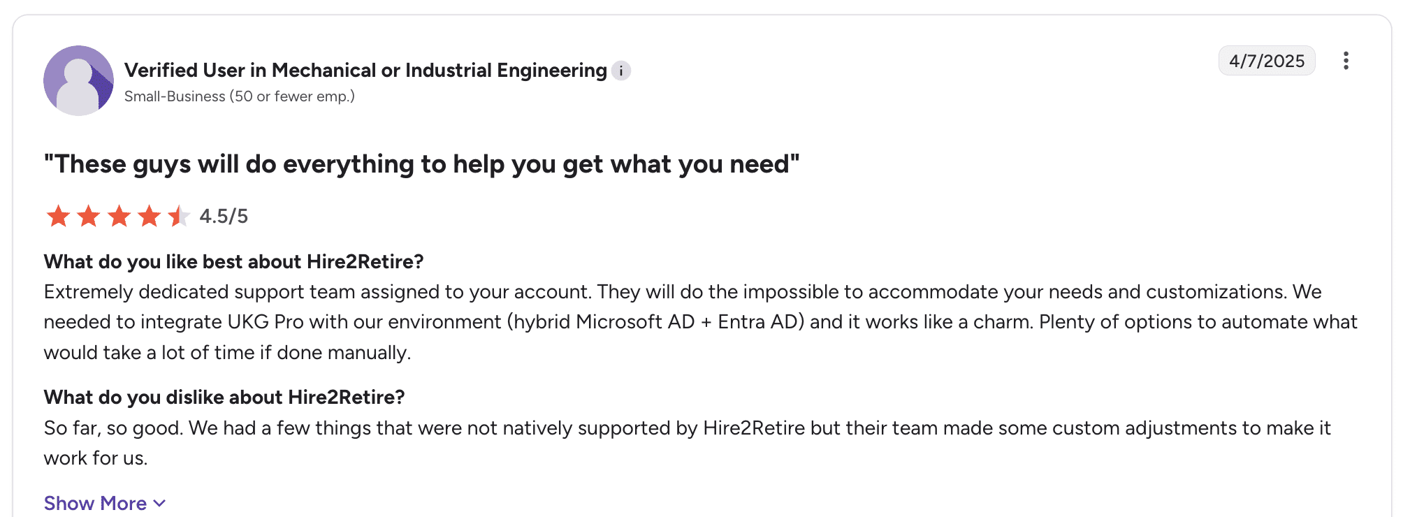 Hire2Retire Ranks Among Top IAM and Provisioning Platforms in G2 Summer 2025 Reports 1 G2 Summer 2025 Reports Screenshot 3