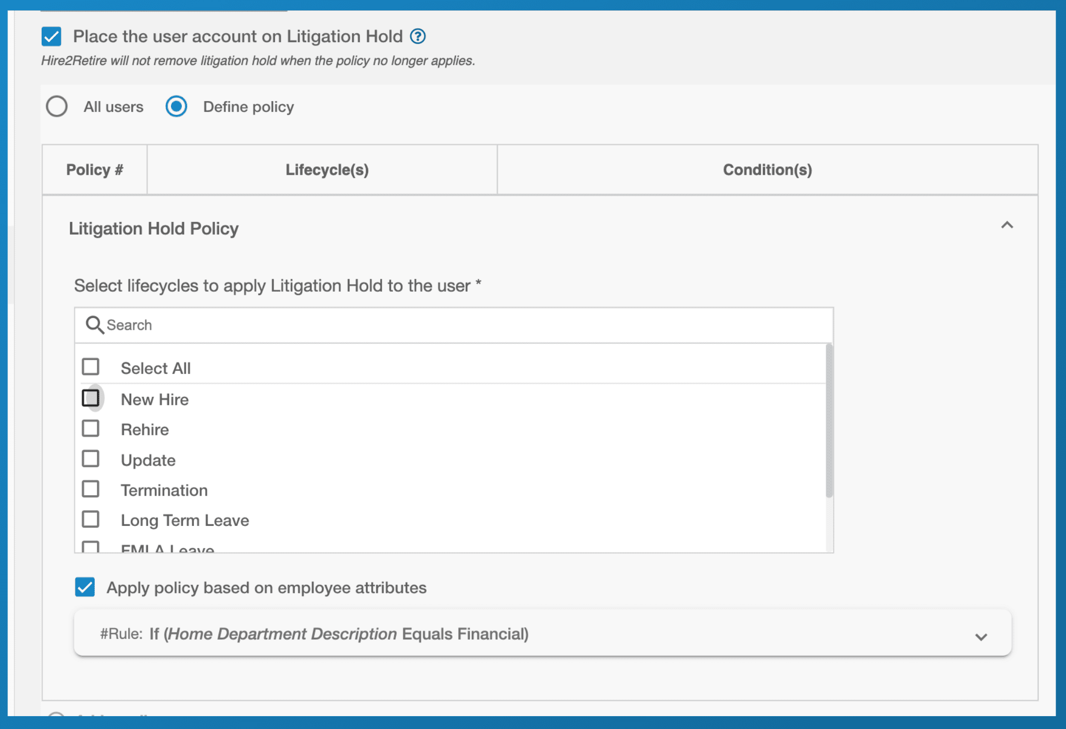 Litigation hold UI