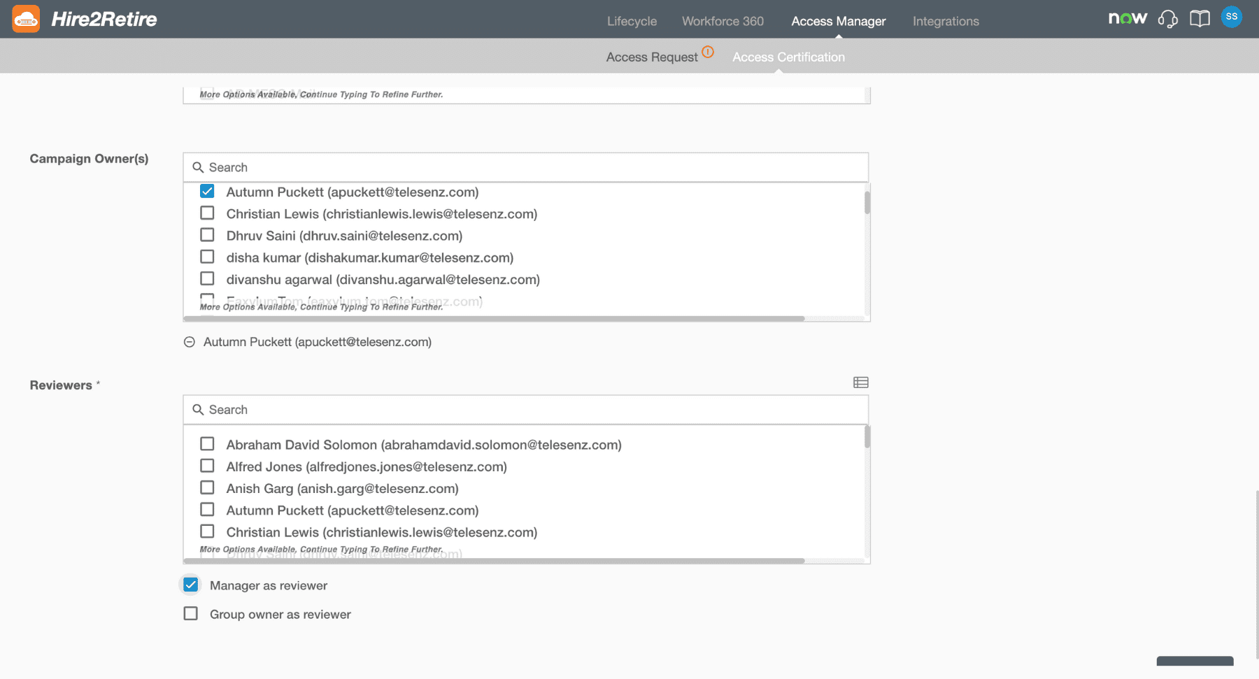 Access Certification screenshot- Add scope