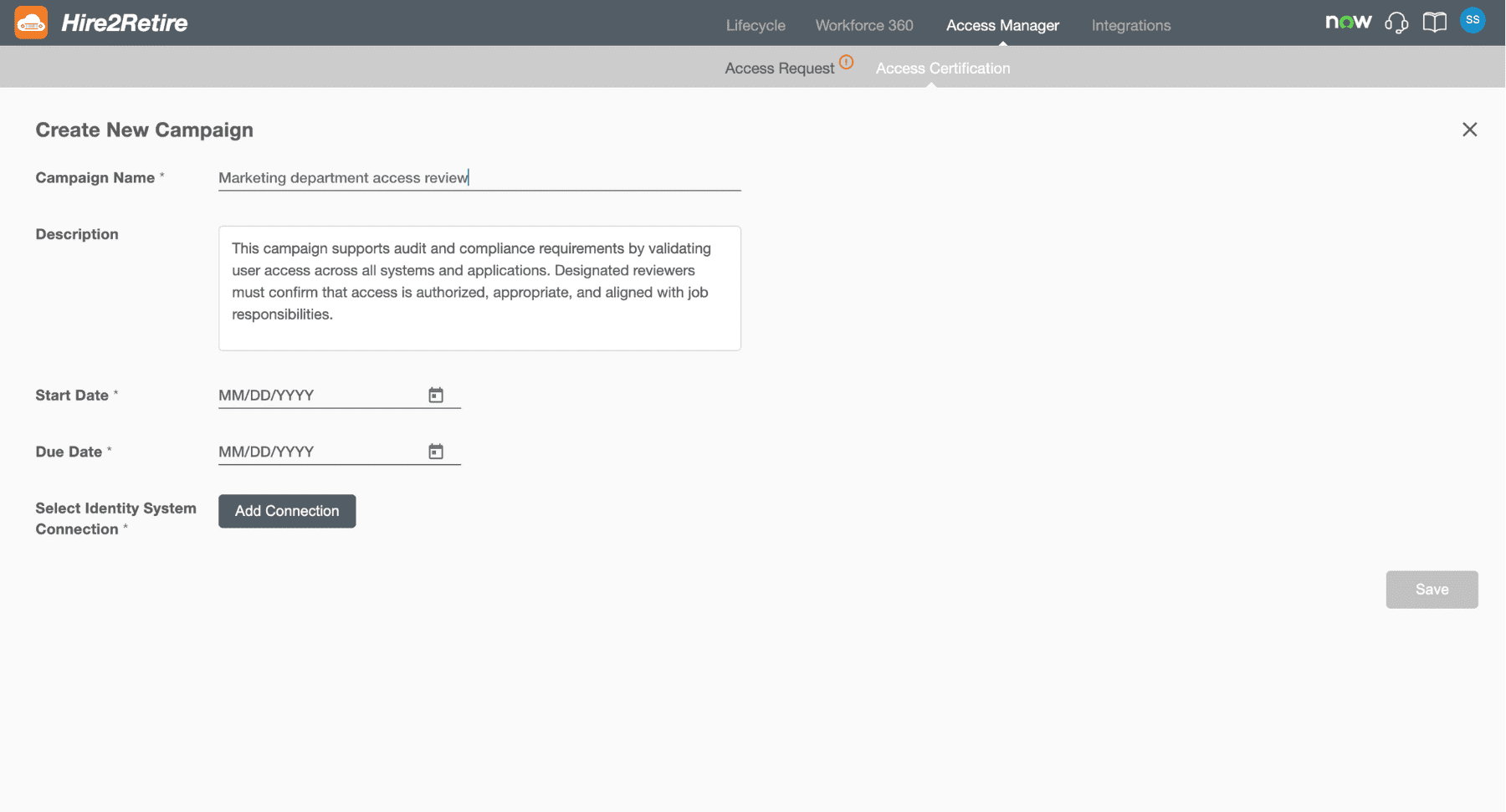 Access Certification screenshot- Create New Campaign