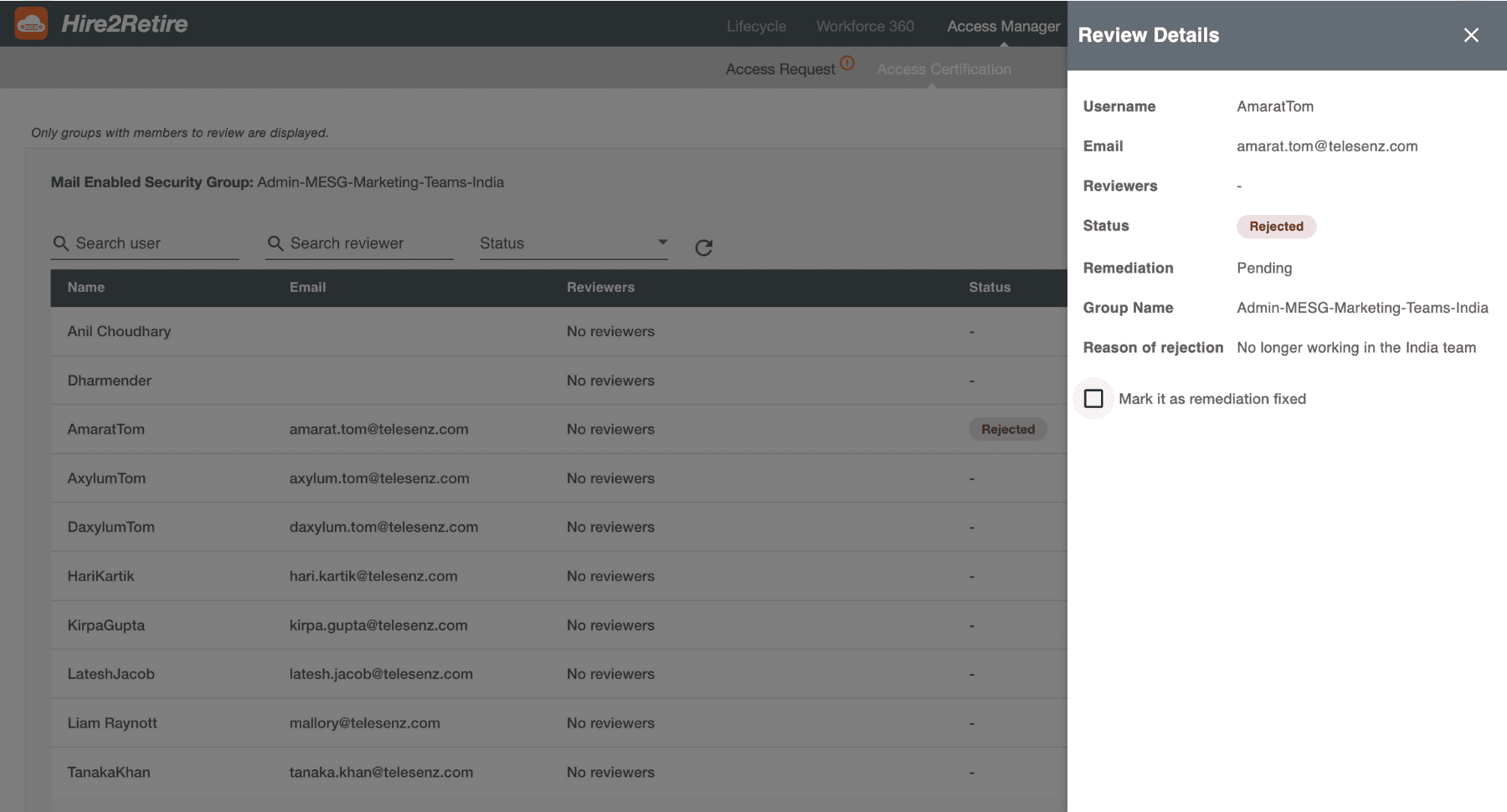 Access Certification screenshot- Remediation