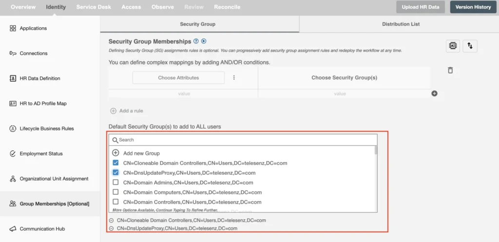 Default Security AD Group Membership
