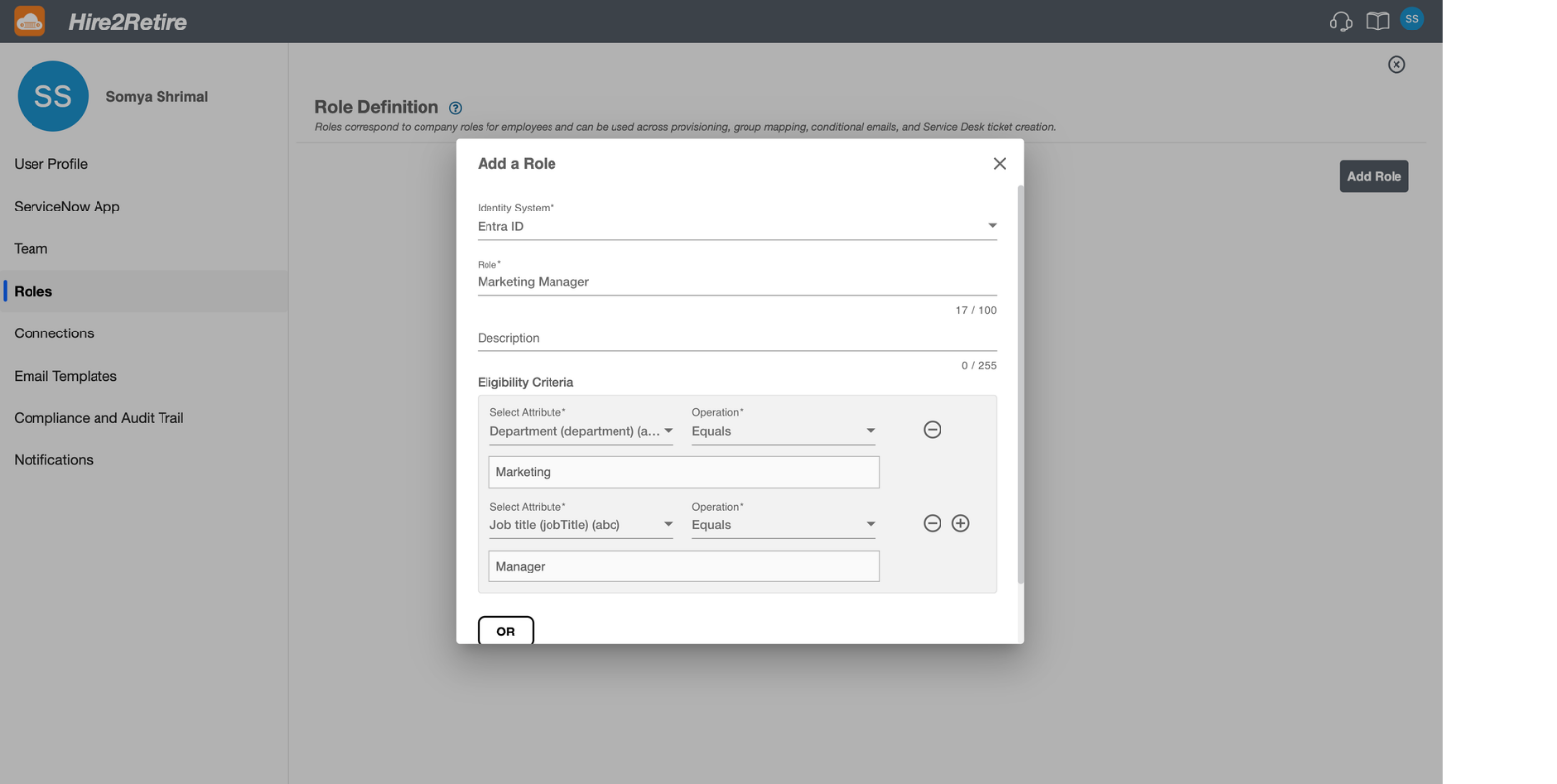 Role-based configuration support in Hire2Retire- Screenshot for Role Definition