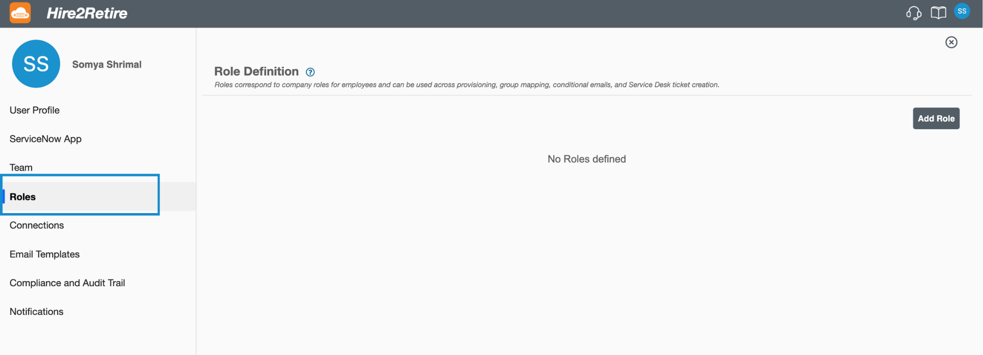 Role-based configuration support in Hire2Retire- Screenshot for Role tab