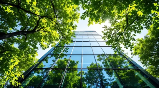 An office building rises above a small garden with trees. Hire2Retire can auto-forward emails from employees on leave to a manager or other specific employee.