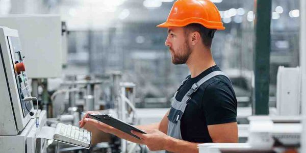 A worker in a hard hat holds a clipboard while evaluating equipment.