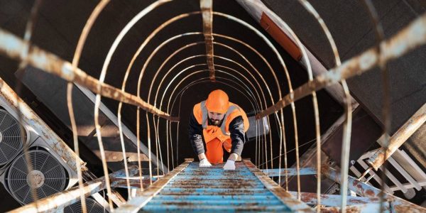 A man with equipment at climbing ladder